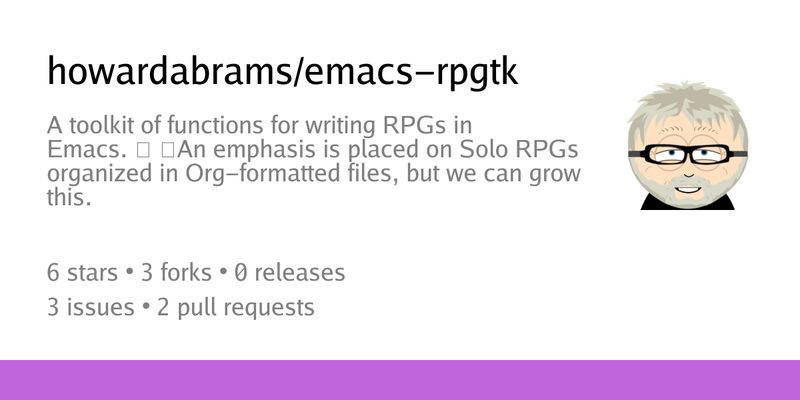 Summary card of repository howardabrams/emacs-rpgtk, described as: A toolkit of functions for writing RPGs in Emacs.

An emphasis is placed on Solo RPGs organized in Org-formatted files, but we can grow this.